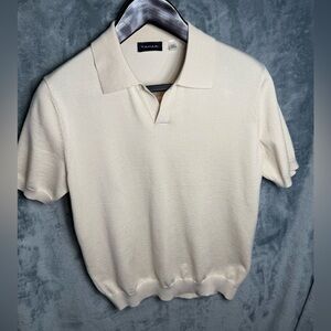 Tahari Short Sleeve Knit Polo Top | Cream / Tan | Size M